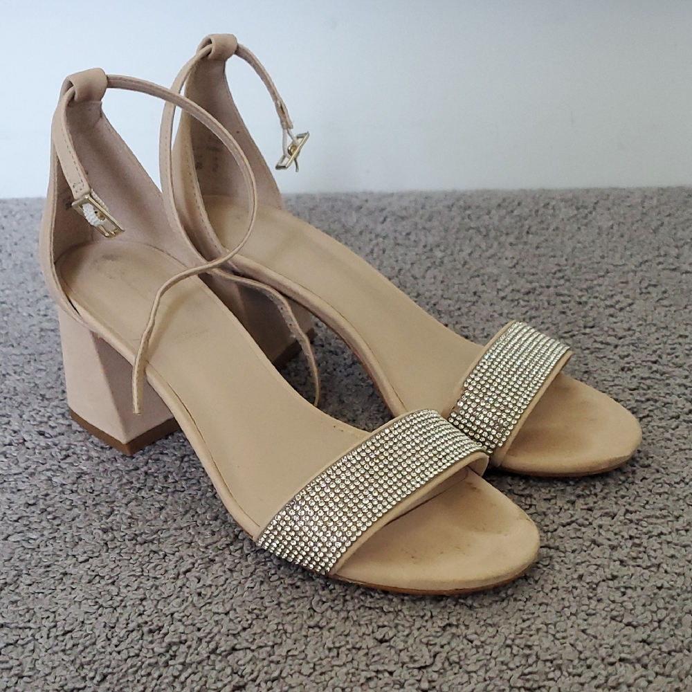 Aldo Nude Block Heel Sandals with Rhinestones